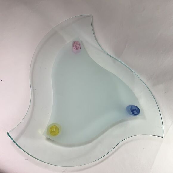 14 1/2 Inch Art Nouveau Glass 3 Footed Pink Blue Yellow Decorator Serving Tray - Picture 2 of 11